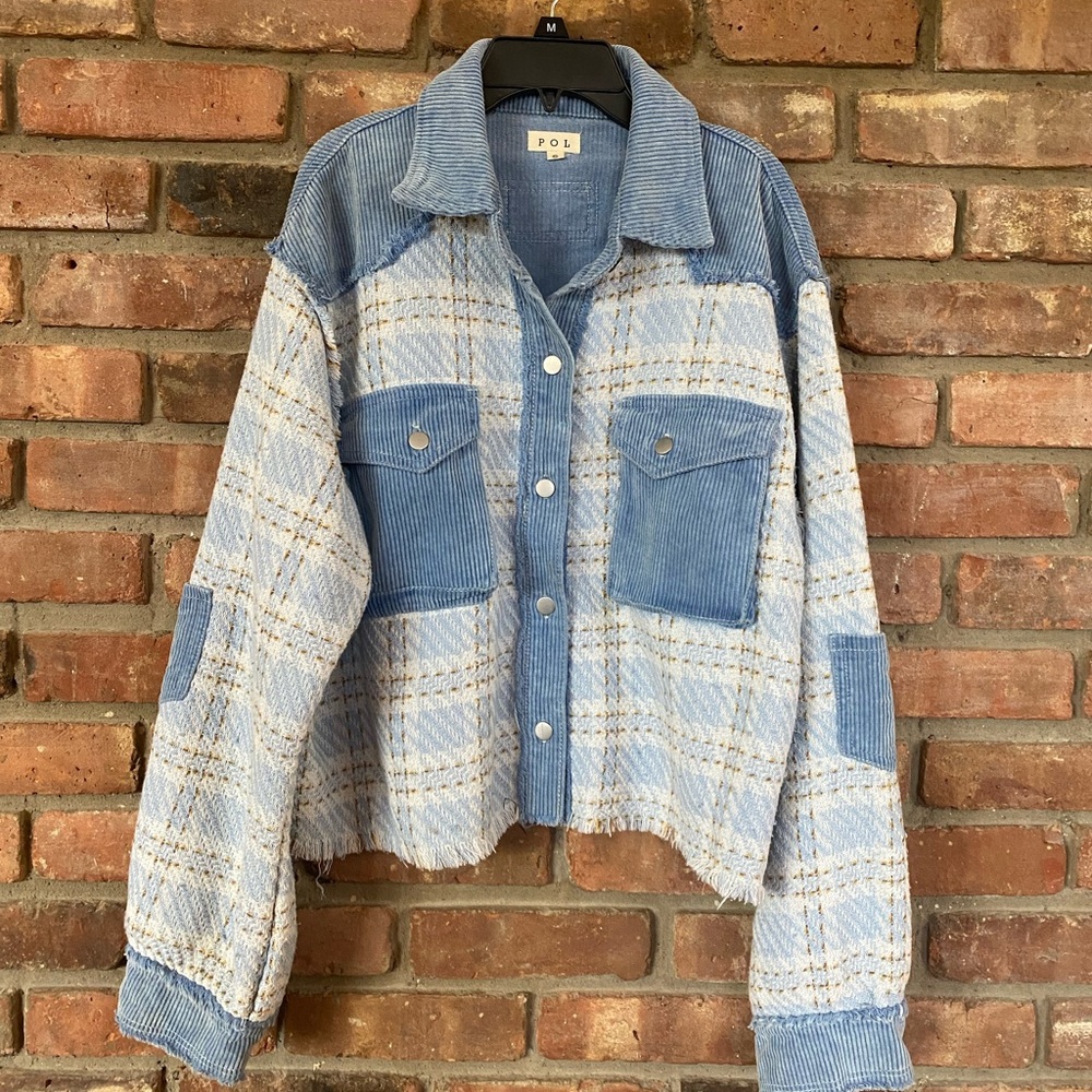 POL Blue Plaid Corduroy-Trim Jacket - Size Small